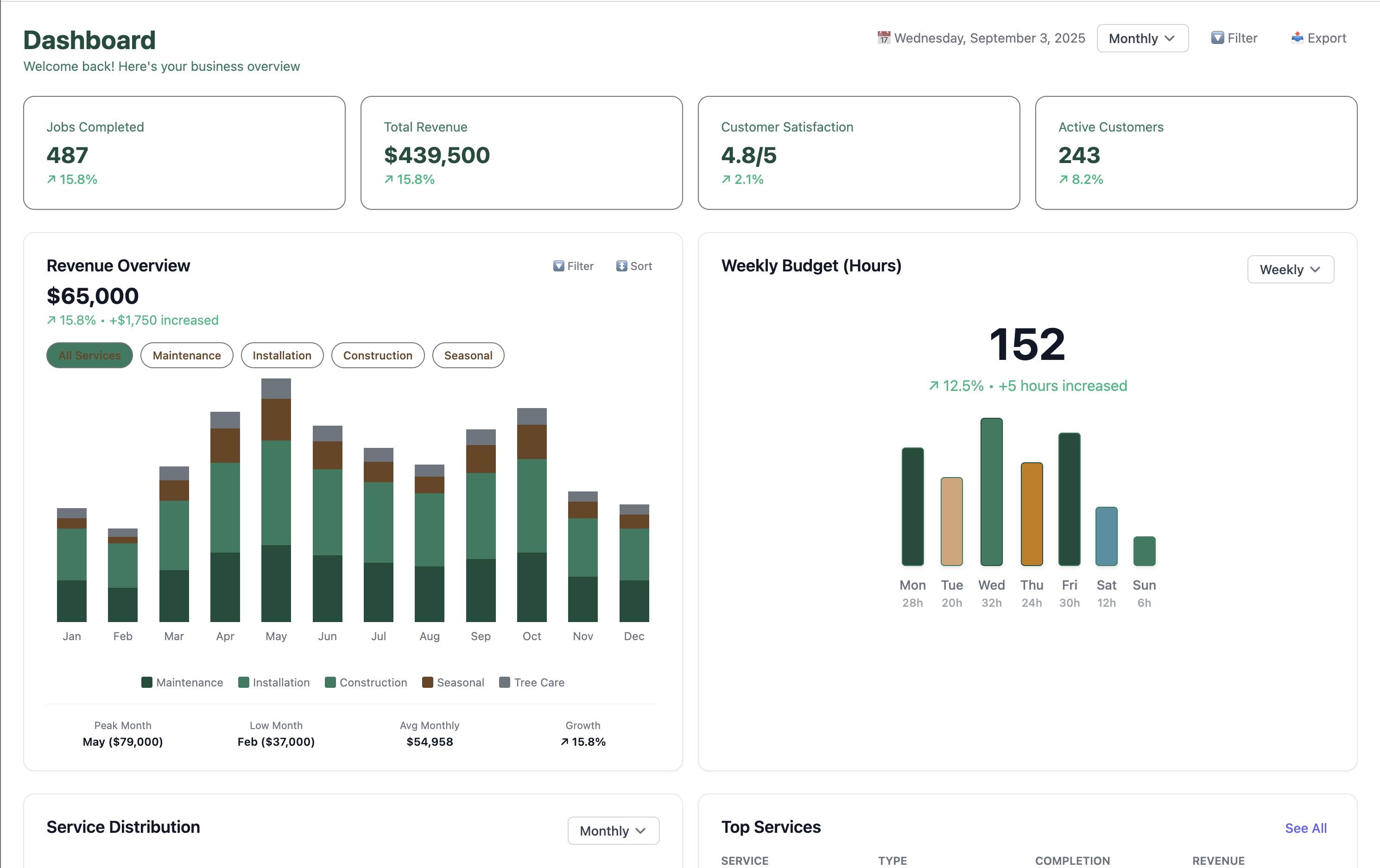 Dashboard Overview - Real-time business insights with KPIs, revenue tracking, and budget management